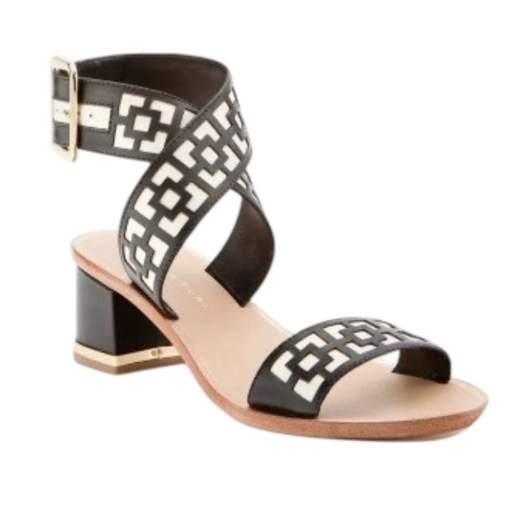 Trina Turk Avalon Leather Black/Ivory Geometric Block Heel Sandal 6.5